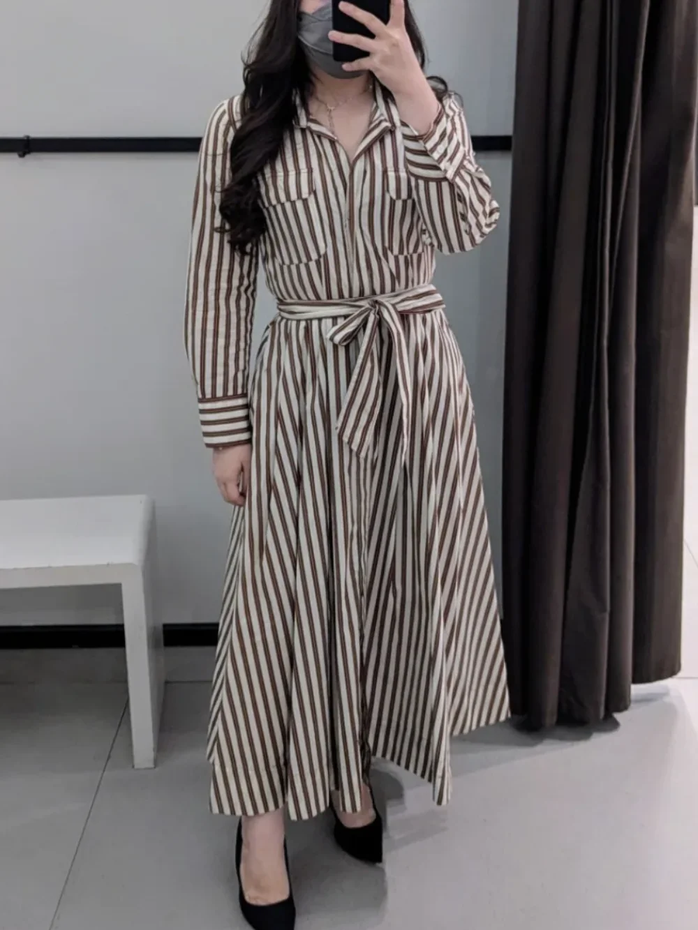

Elegant Vintage Striped Print Long Dress with Belt Summer 2025 Women's Fashion Party Dress Long Sleeves Female Elegant Gown