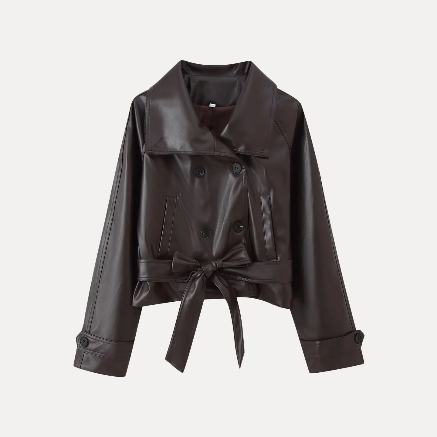 Faionable Two-Tone ort Leather Jaet Coat for Women Autumn 2025 Double-Breasted Belted Sli Commute Sle Youth Outer...