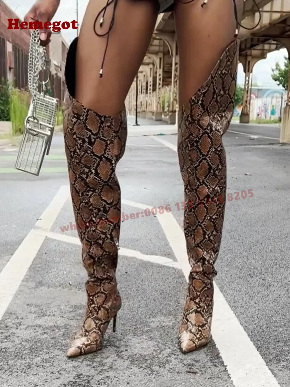 V-Cut Zipper Winter Women's Long Boots Catwalk Snake-Pattern Pointy Over The Knee Boots Side Street Casual Shoes Luxury New