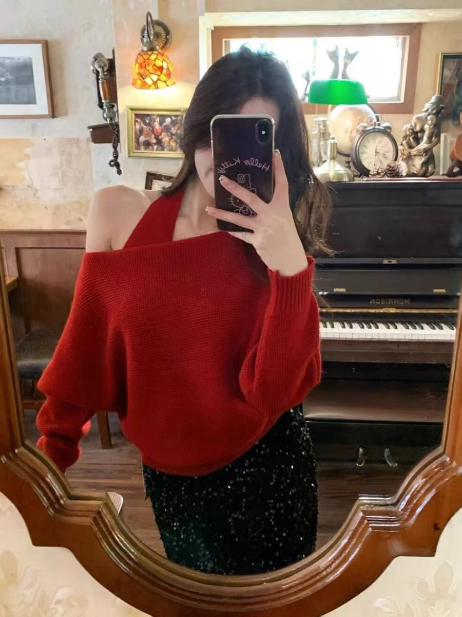 

Французский вязаный свитер с открытыми плечами и вырезом, женский комплект из двух предметов, осенне-зимний, из мягкого полиэстера, с длинными рукавами, повседневная одежда