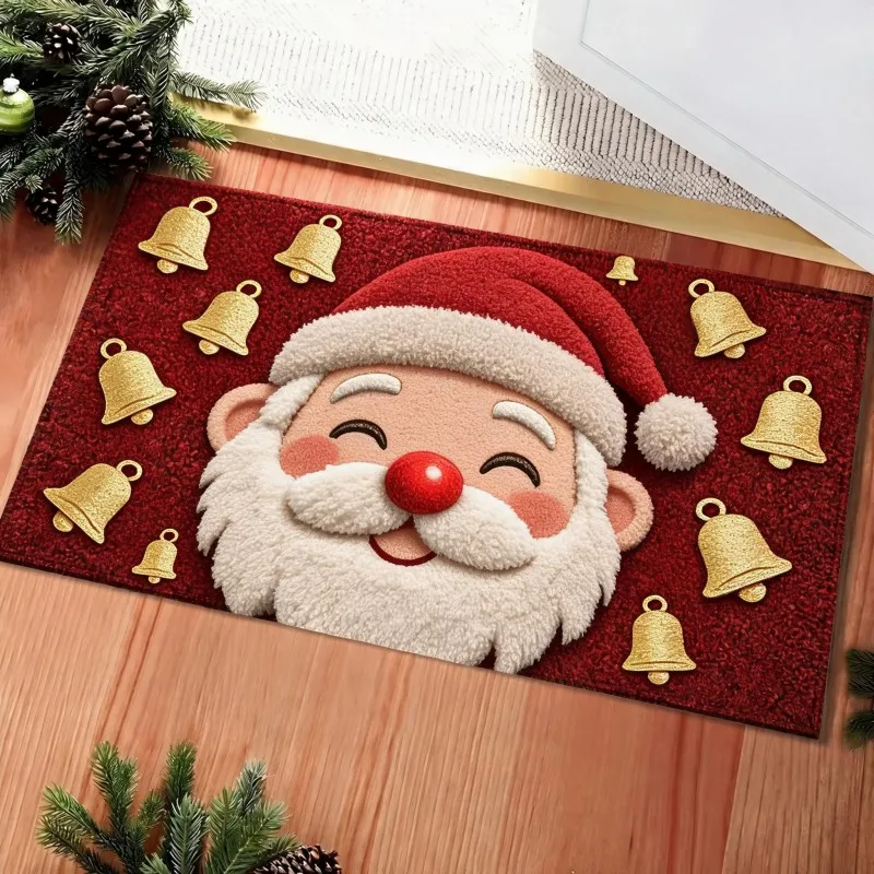 VIKAMA Christmas Santa Claus Red Nose Gold Bell Doormat Non Slip Absorbent Floor Rug for Entryway Kitchen Bathroom Holiday Decor
