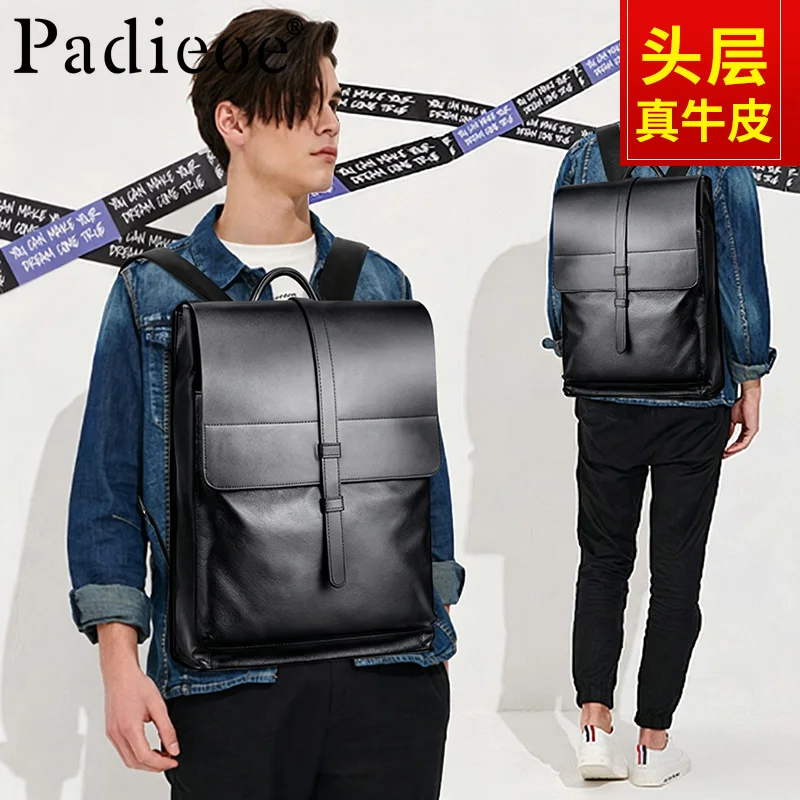 First-layer Cowhide Casual Fashionable Backpack Versatile Genuine Leather Business Trend Dual-Shoulder Bag for Men Black Style W