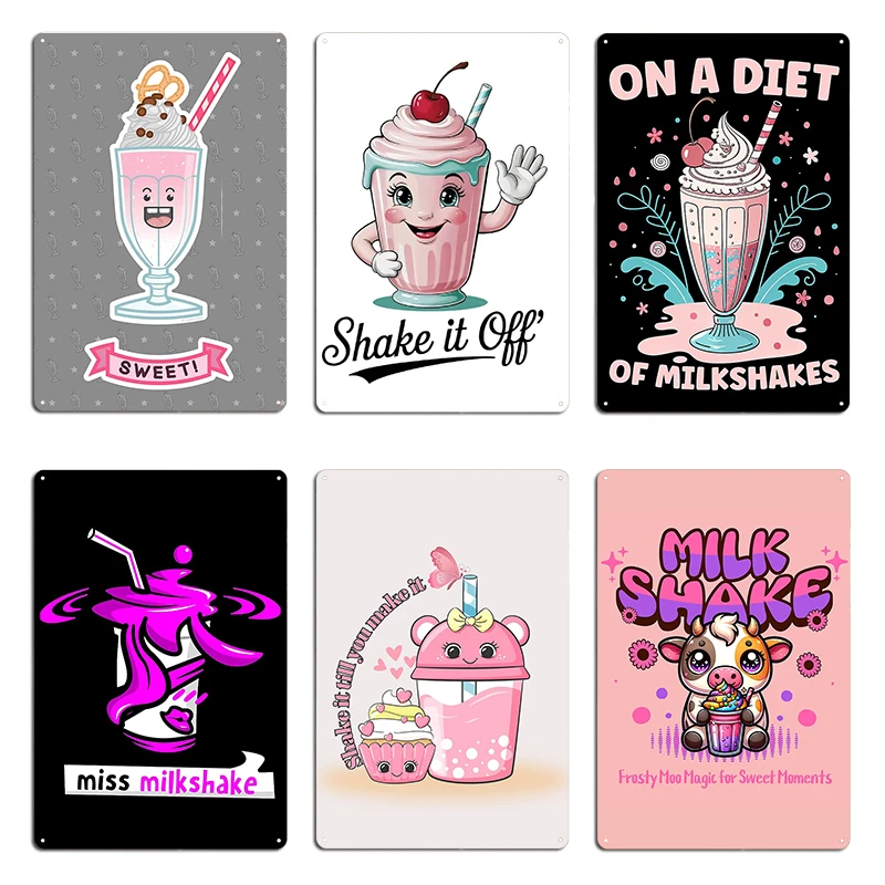 Shake It Pink Milkshake Tattoo Flash Frosty Moo Magic Sweet it Off Metal Plaque Living Room Decoration Design Tin Sign Poster