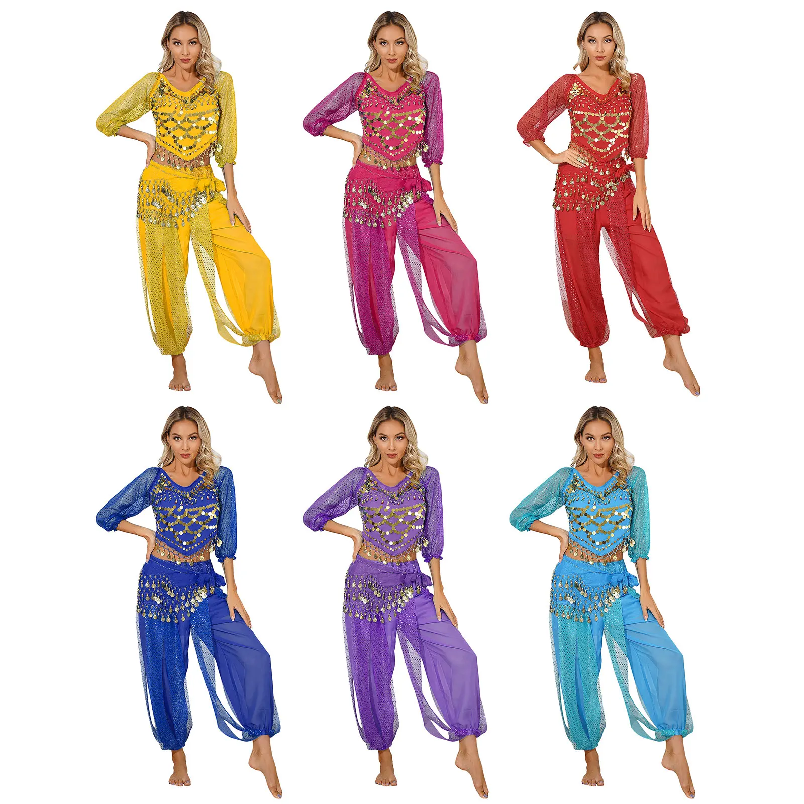 Costumi di danza del ventre da donna vestito di Bollywood di danza indiana monete lucide Crop Top pantaloni Harem e Set di prestazioni per feste con sciarpa all'anca