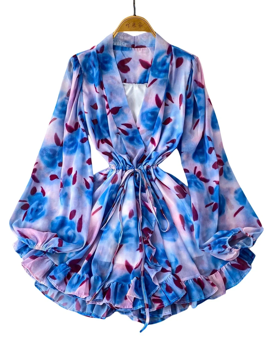 Ele V-Ne Długi Szyfonowy Top z Nadrukiem dla Kobiet na Wiosnę i Jesień, z Plisowanym Dołem, Regulowanym Sznurkiem w Talii, w Stylu Koreańskim, Elegancki, Idealny do Pracy