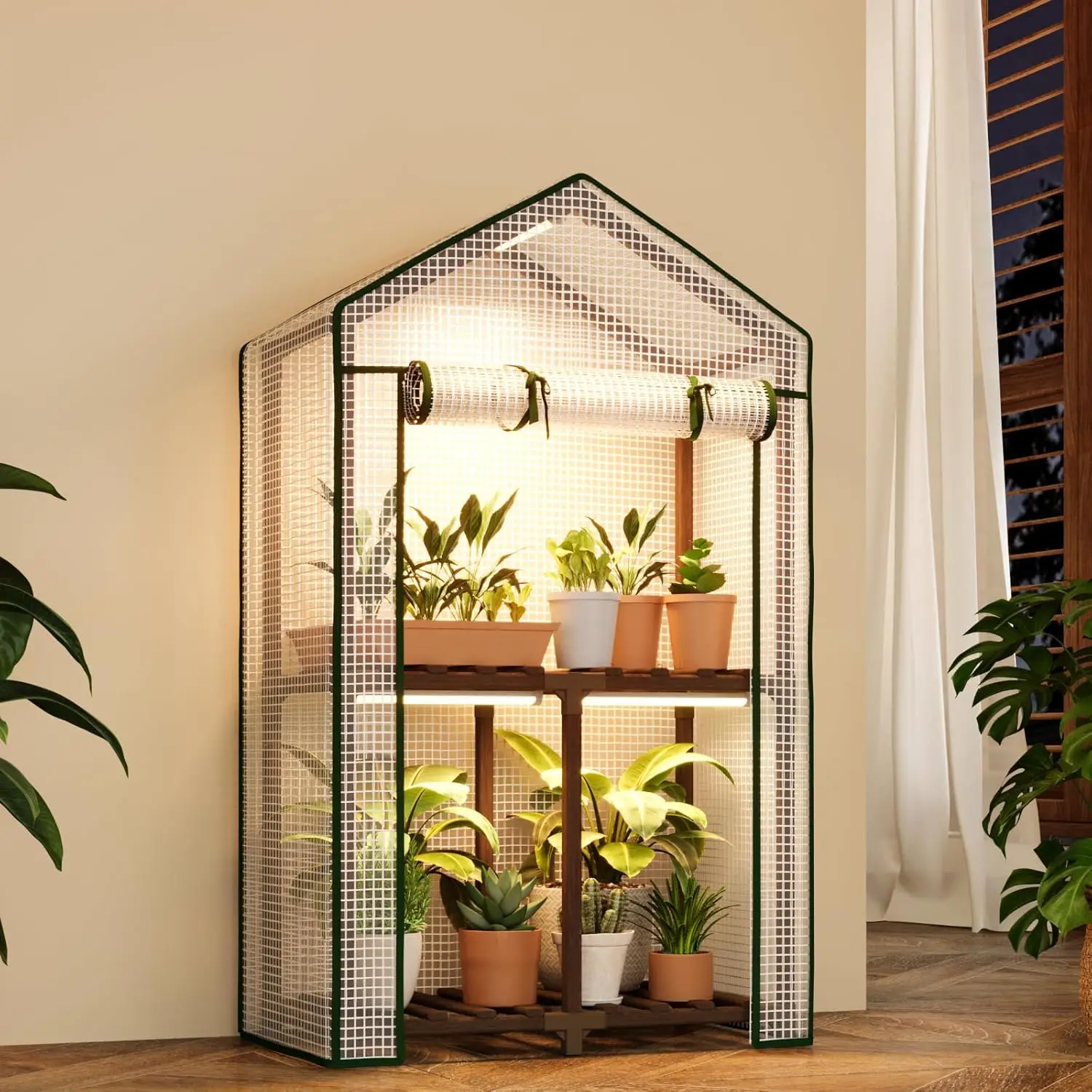 

Мини-оплица со светом для выращивания растений, 2-уровневая подставка для растений для нескольких горшков, портативный теплый дом с полиэтиленовой крышкой