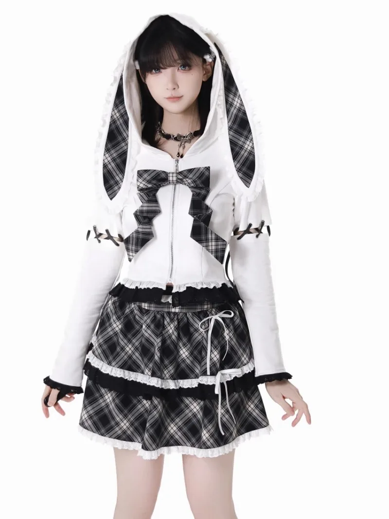 Rabbit Ear Hooded Removable Sleeves Black White Plaid Cake Skirt Summer New Zipper Long Sleeved Short Sweatshirt Kawaii Skirts