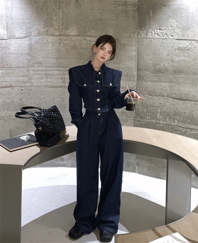 Vintage style denim suits jacket shirt women\'s 2023 spring new wide leg pants trousers two-piece sets Y3826