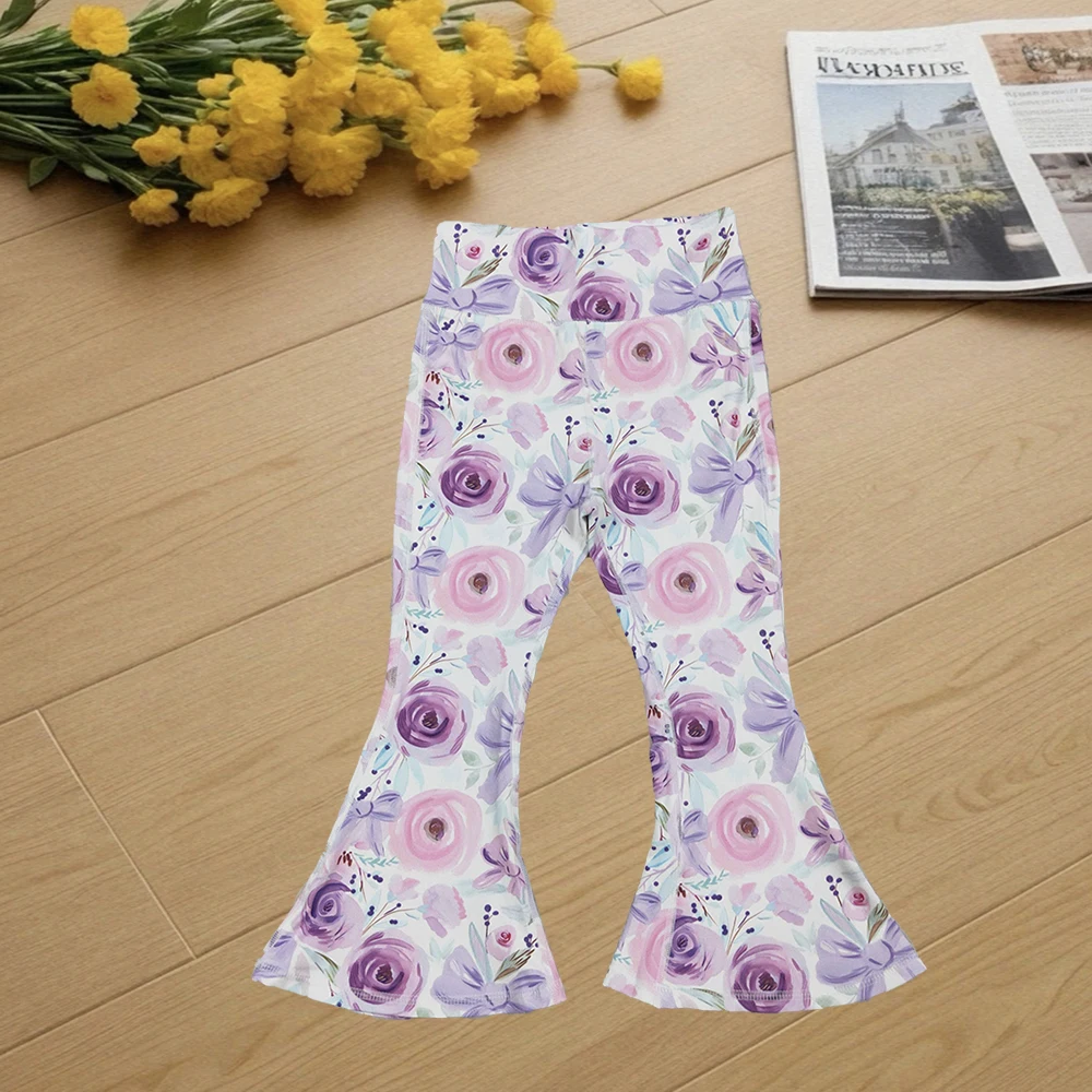 9.23 Baby Girls Pants Baby Girls Purple Flower Bows Bell Bottom Yoga Pants