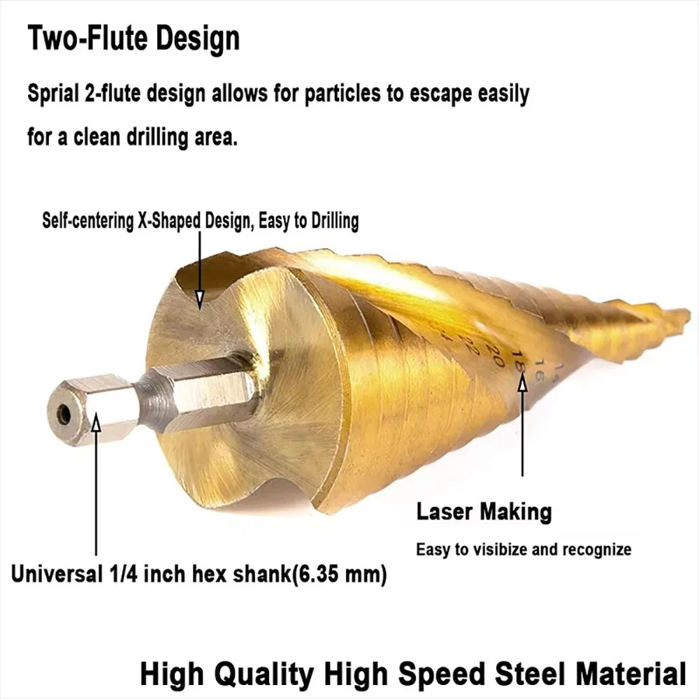 4-32 مللي متر/4-20 مللي متر/4-12 مللي متر HSS مثقاب متدرج مطلي بالتيتانيوم ، أداة حفر مخروطية لقطع ثقوب الخشب والمعادن الفولاذية عالية السرعة