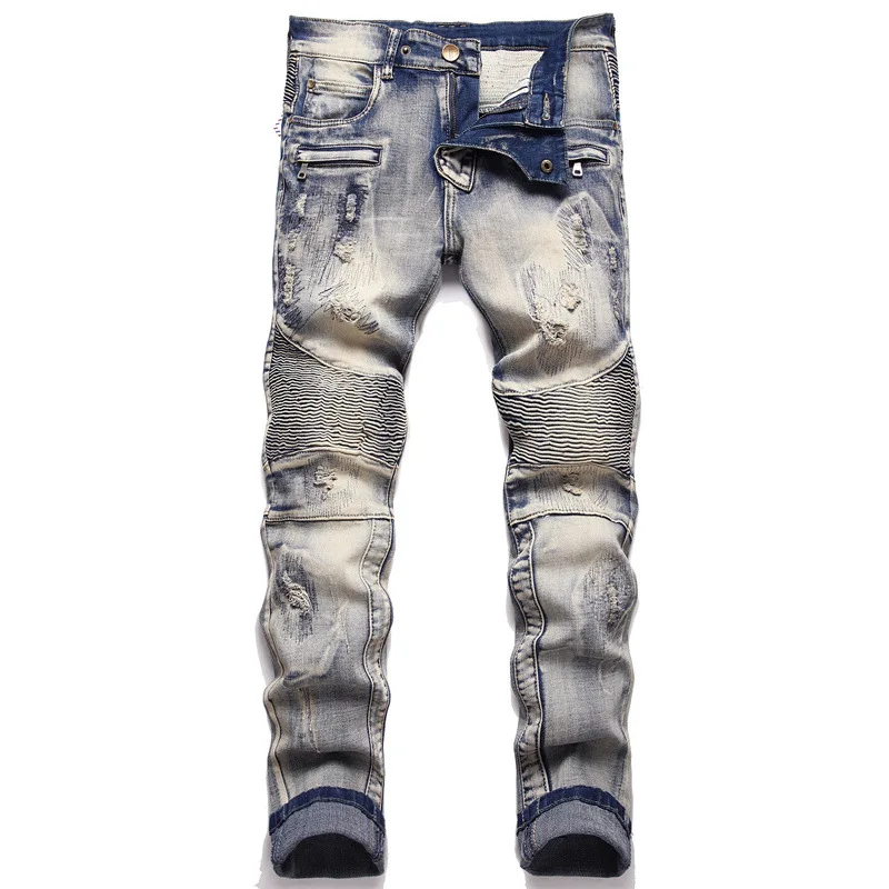 Pleated Vintage Motorcycle Jeans Men's Scratch Stitching Zipper Pocket Fashion Trendy Street Washed Distressed Trousers