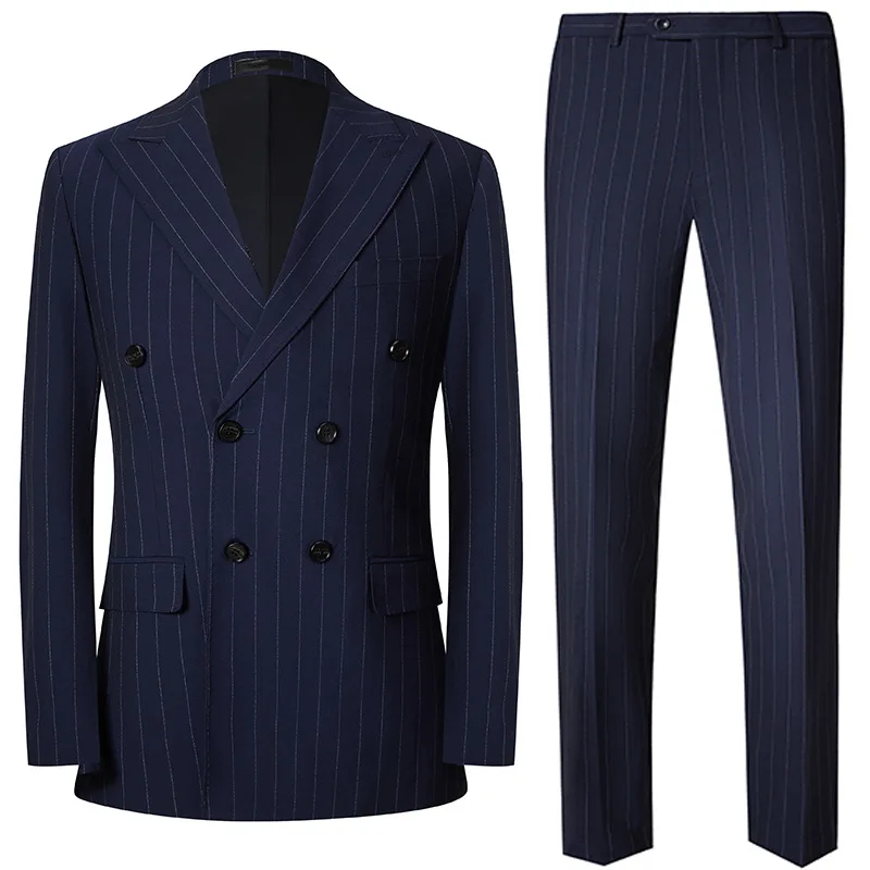 

KIDWHXR Man Suit Set Double-breasted Long Sleeve Blazer Male Straight-leg Pant Men Striped Business Casual 2-piece Outfit