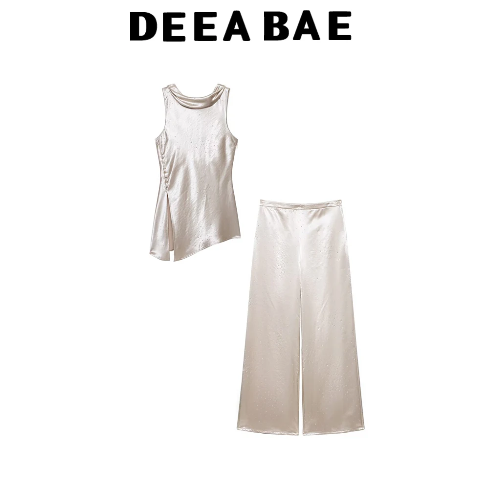 DEEABAE Sommer-Set für Damen mit vertikalem Ausschnitt, ärmellos, asymmetrischem Saum, rückenfreiem Oberteil, hoher Taille und weitem Bein