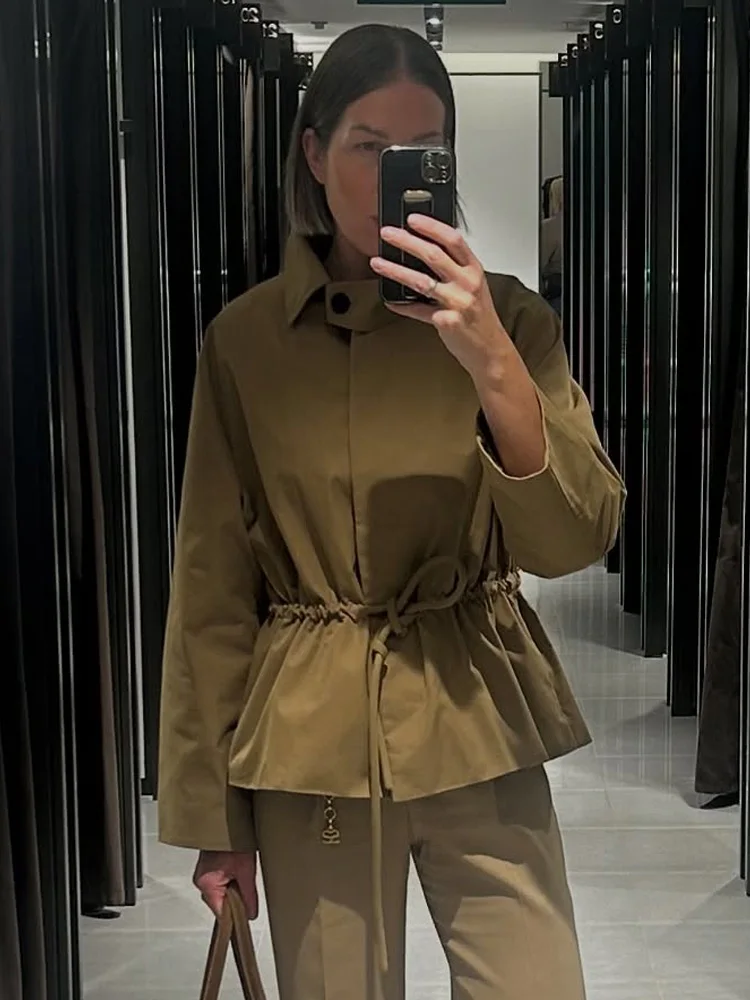 HH Woman Autumn Casual Jacket Soild Turn-Down Collar Lace-Up Decoration Single-Breasted Woman New Fashion Long-Sleeved Coat 2025