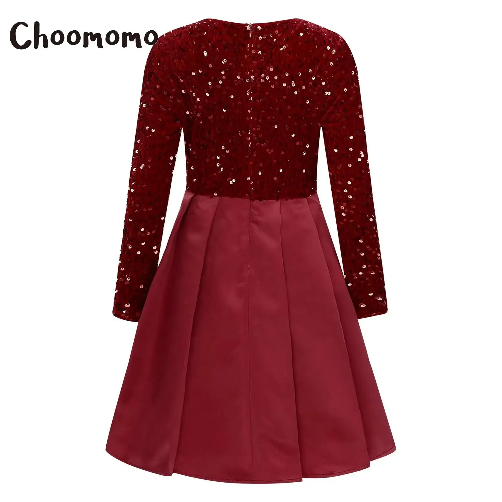

Elegant Girls New Year Princess Dress Christmas Sequin Dress Long Sleeve Belted Pleated Dress Banquet Wedding Birthday Prom Gown