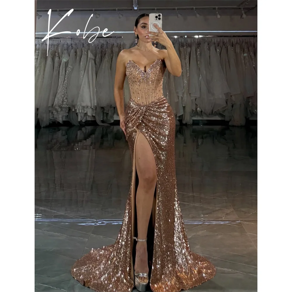 

Kobe Side High Split Strapless Prom Dresses Sleeveless Backless Customized فساتين سهرات Court Train vestido de gala noche mujer