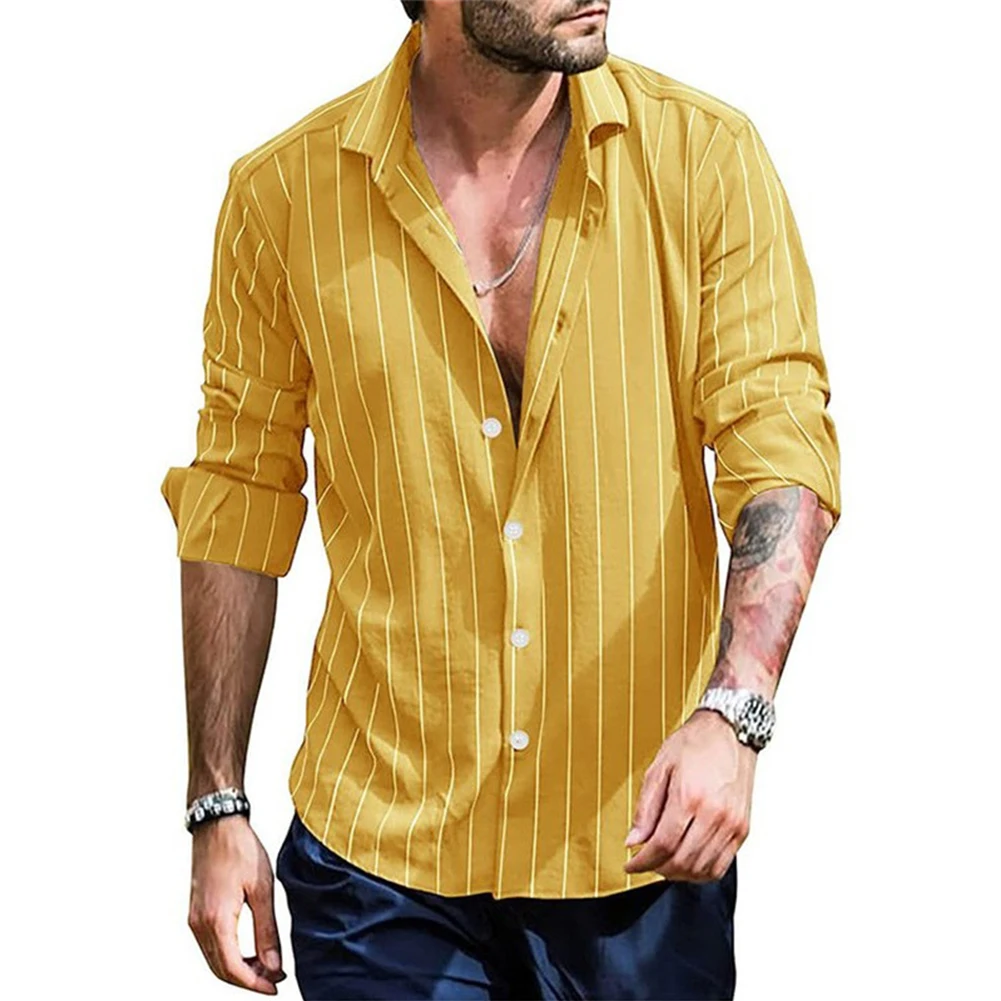 Male Shirt Striped Band Collar Party Popular Shirt Smooth Button Down Casual Daily Elastic Long Sleeve Loose Mens