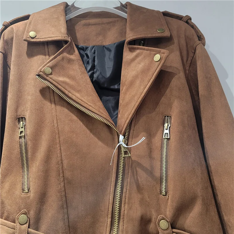 Whth nova moda feminina falso pele de veado velo jaqueta da motocicleta 2025 verão moda lapela mangas compridas casaco feminino 1ls2122