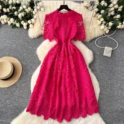 High Quality Women Lace Hollow Out Embroidery Designer Runway Stand Collar Short Sleeve Summer Casual Party Holiday Dresses