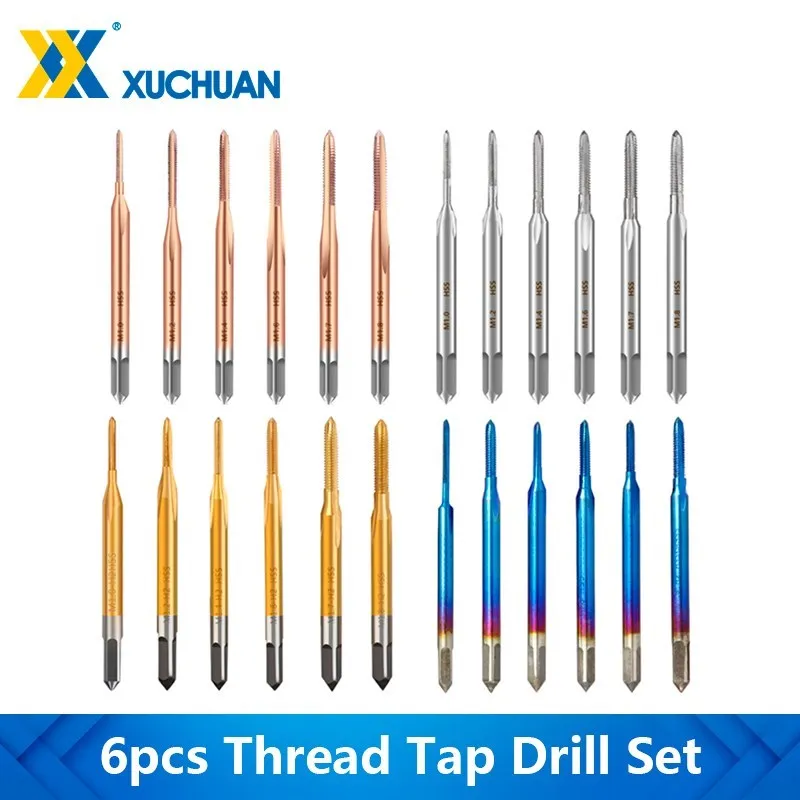 Thread Tap Drill Bits Set 6pcs HSS Machine Thread Tap M1 M1.2 M1.4 M1.6 M1.7 M1.8 Straight Flute Tap Hand Tools Drill Bits