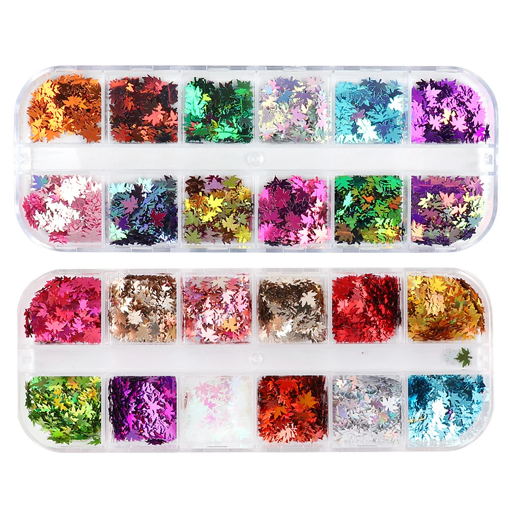 2 Boxes Maple Leaf Manicure Sequin Colored Glitter Nail Art Natural Artificial Nails Decoration Portable Nail Art Supplies
