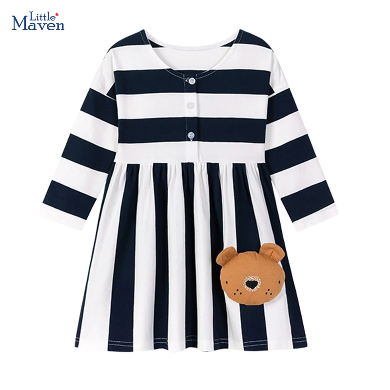 

Little maven Girls Long Sleeve Black White Striped Dress Cute Bear Applique Baby Girls Dress Kids Costumes Girl Princess Dress