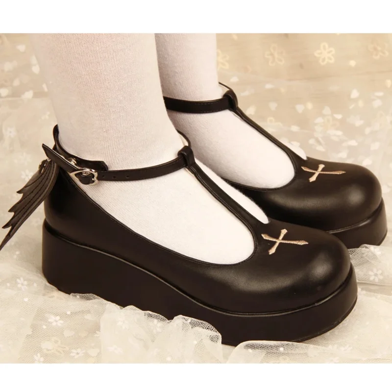 

Black Gothic Lolita cosplay ankle T-strap shoes round head flat platform Lolita shoes with wing cross princess shoes