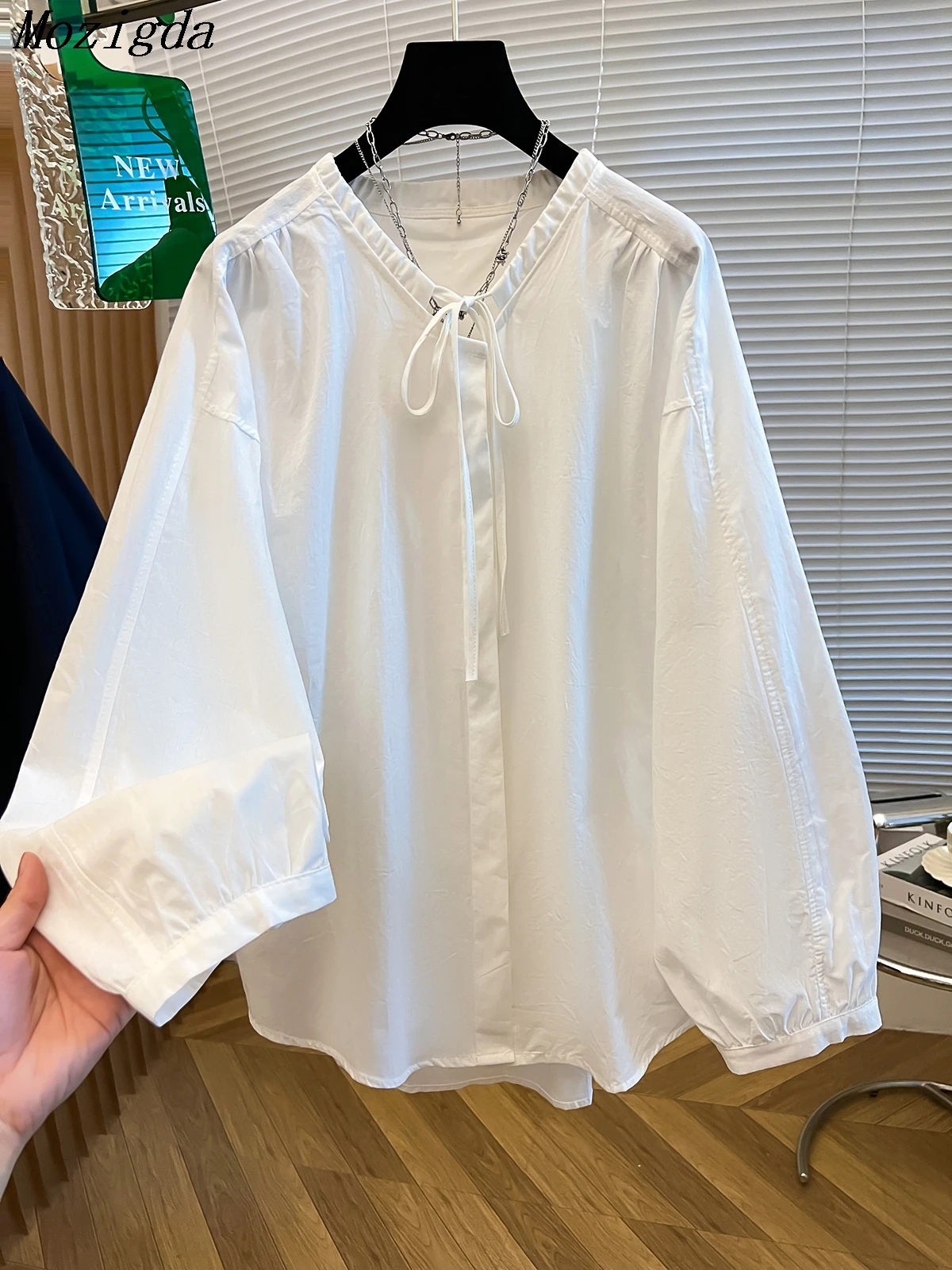 

Korean Chic Stand Collar Lantern Sleeve Shirt Casual Loose Design Lazy Shirt Folded Women Lace Up Cotton Blend Shirt Ladies Tops