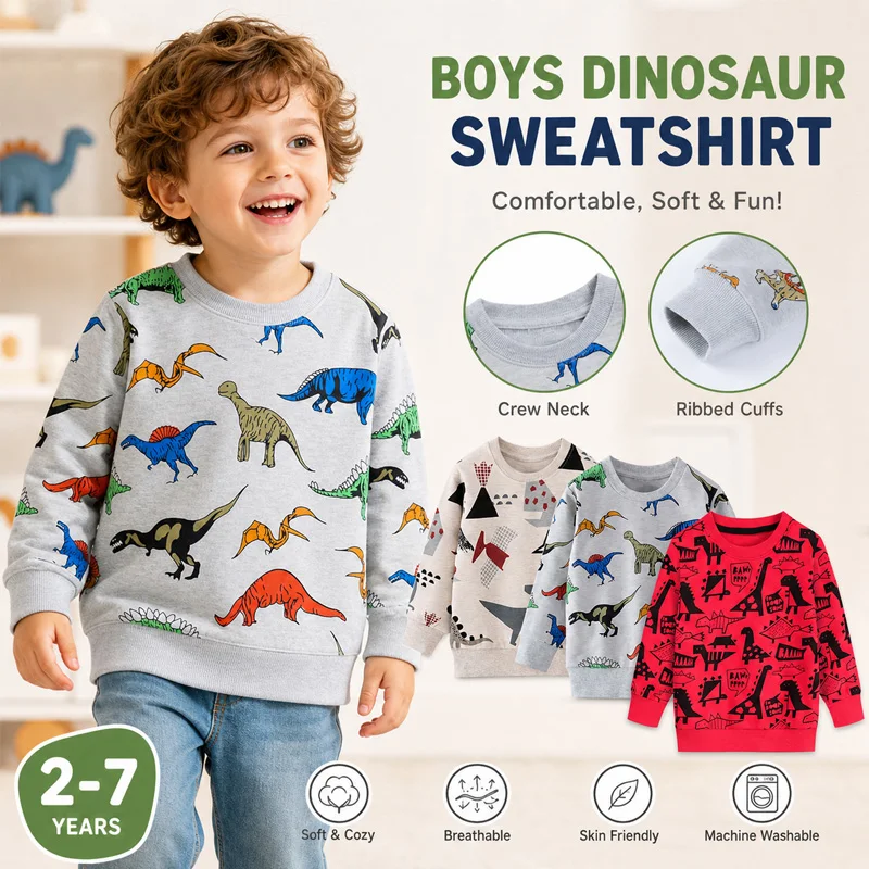 Little Hand Toddler Boys Sweatshirts Dinosaur Long Sleeve Pullover Crewneck Shirts Cartoon Tee Sport Tops for Kids 2-7T