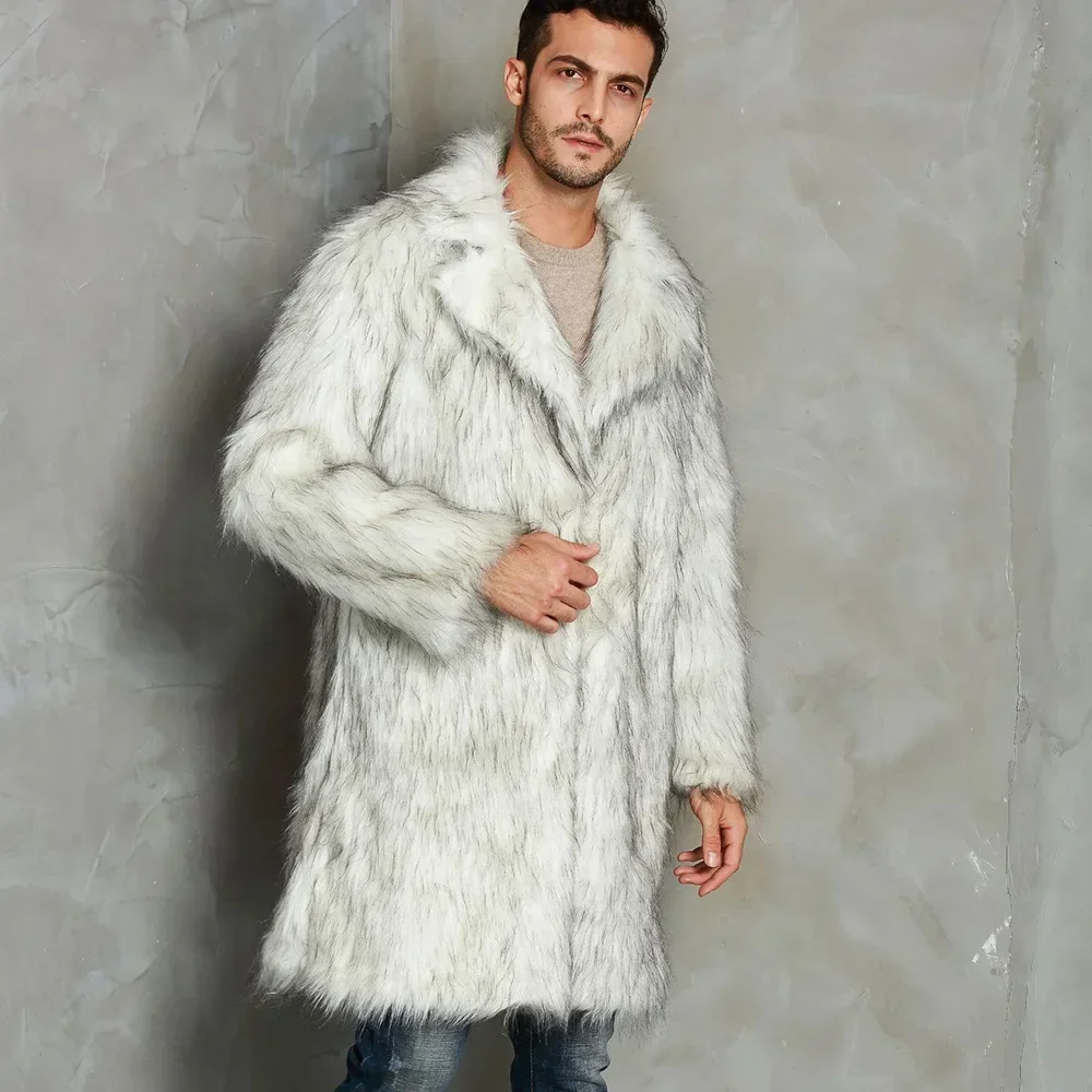 Men\'s Coat Warm Faux Fur Loose Autumn Winter Brown Long Coats Turn Down Collar Sleeve Men High Waist Maxi Elegant 2023 Jacket