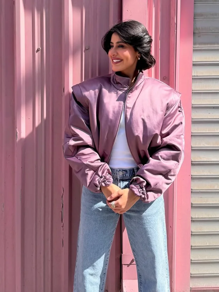 

Solid Purple Chic Quilted Jacket Fashion Women Full Sleeve Stand Collar Oversize Short Jackets 2026 New Lady Casual Daily Coats