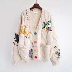 Fashion Embroidered Knitted Cardigan Women Autumn V-neck Sweater Graffiti Letters Y2k  Oversized Cardigan Jacket Jumper Tops