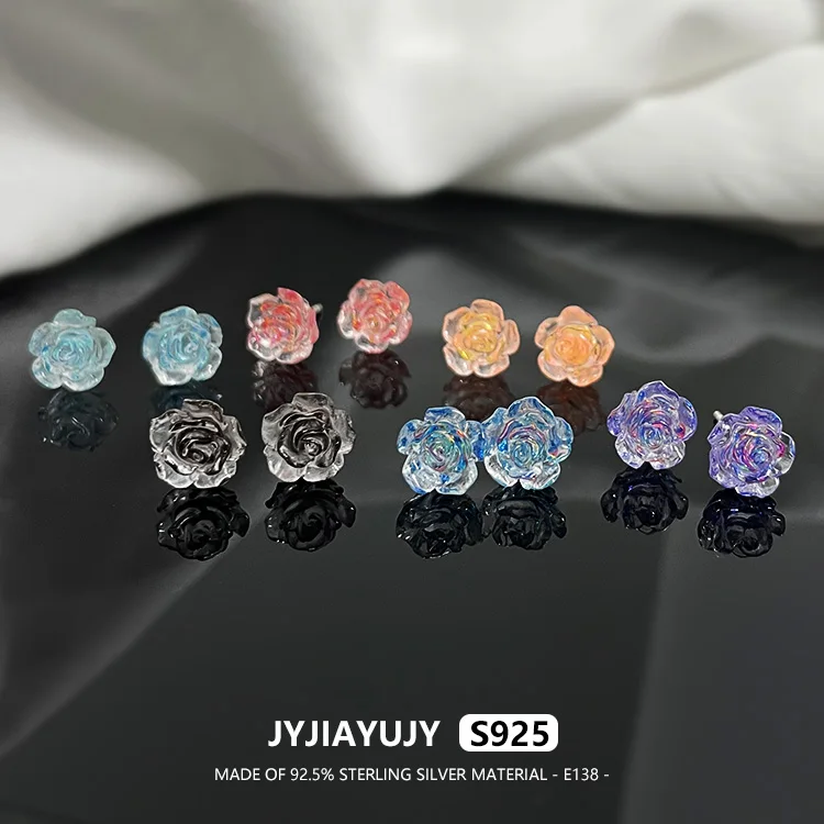 

JYJIAYUJY 100% Sterling Silver S925 Earrings Flower Rose Multilayer Petal Six Colors Black/Champagne Female Daliy Use E138