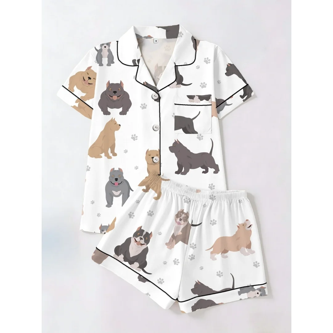 

Белая летняя женская пижама с принтом щенка бульдога, с отложным воротником, короткими рукавами и шортами, комплект для дома, подарок на отпуск