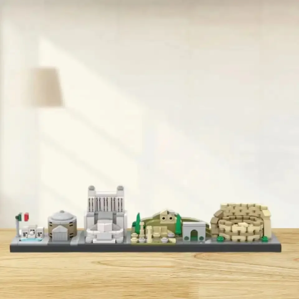 MOC arquitectura de ciudad, horizonte de Roma, bloques de construcción, ladrillos de Edificio Romano, vista de calle trasera, modelo educativo, juguete de cumpleaños, regalo para niños