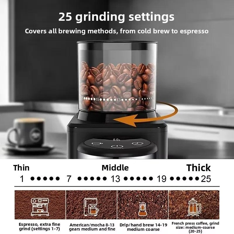 Premium Black Automatic Electric Coffee Grinder Stainless Steel Cone Burr Mill Compact Household Use