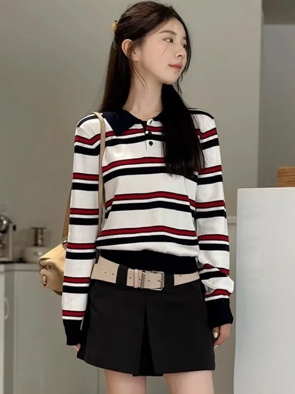 أنيقة كلية Sle المرأة طويلة Sve تريكو Ne مخطط الأعلى الكورية أوائل الخريف Faion فريد زلة الجزء العلوي من الجسم