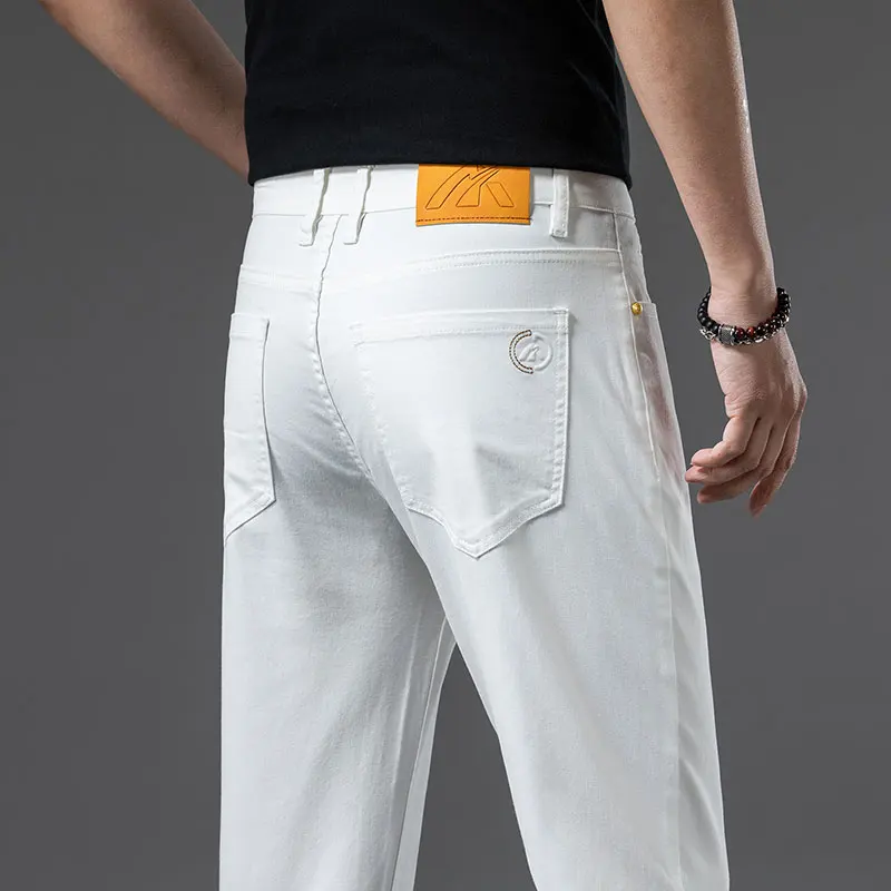 2025 New Men's Khaki White Cotton Stretch Slim Smart Jeans Casual Straight Business Fashion Beige Brand Denim Trousers