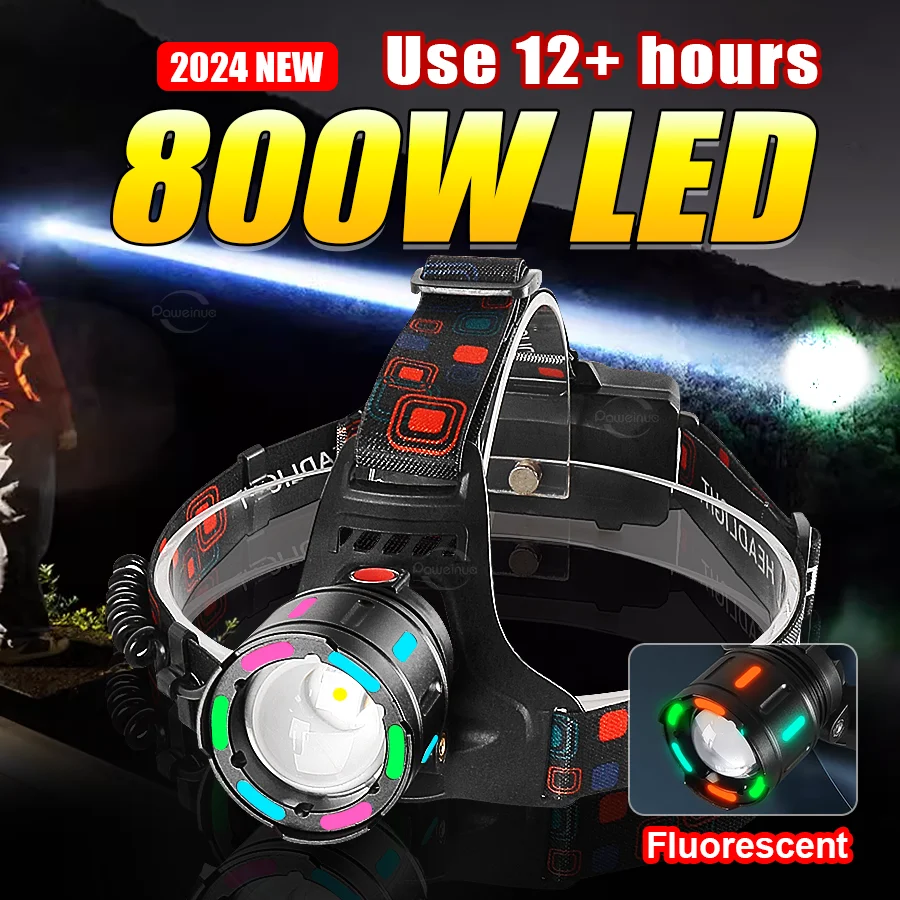 

2024 Latest 800W High Power Headlight Rechargeable 18650 Headlamp Waterproof Outdoor Work Light Fluorescent Lamp Head