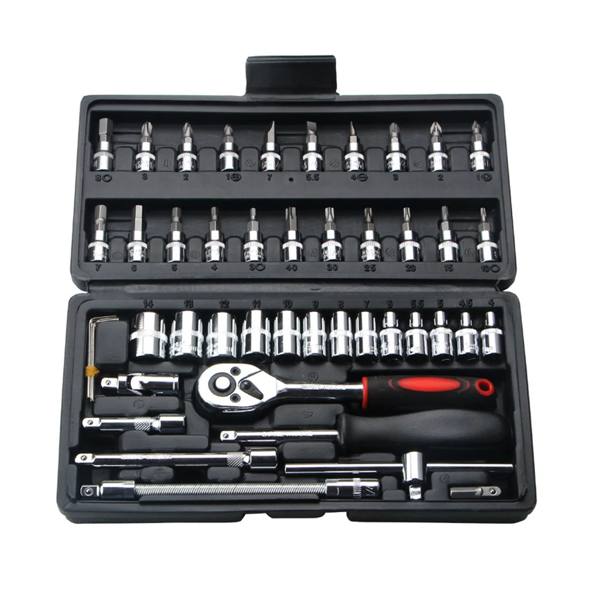 46 pezzi kit di strumenti combinati 1/4 chiave a cricchetto cacciavite a bussola con cassetta degli attrezzi in plastica chiave per riparazione auto domestica set di utensili manuali