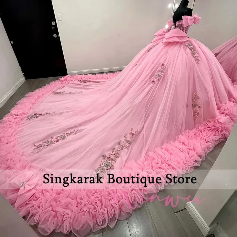 Customized Pink Shiny Quinceanera Dresses Off The Shoulder Applique Lace Beads Bow Tiered Tull Party Birthday Sweet 16