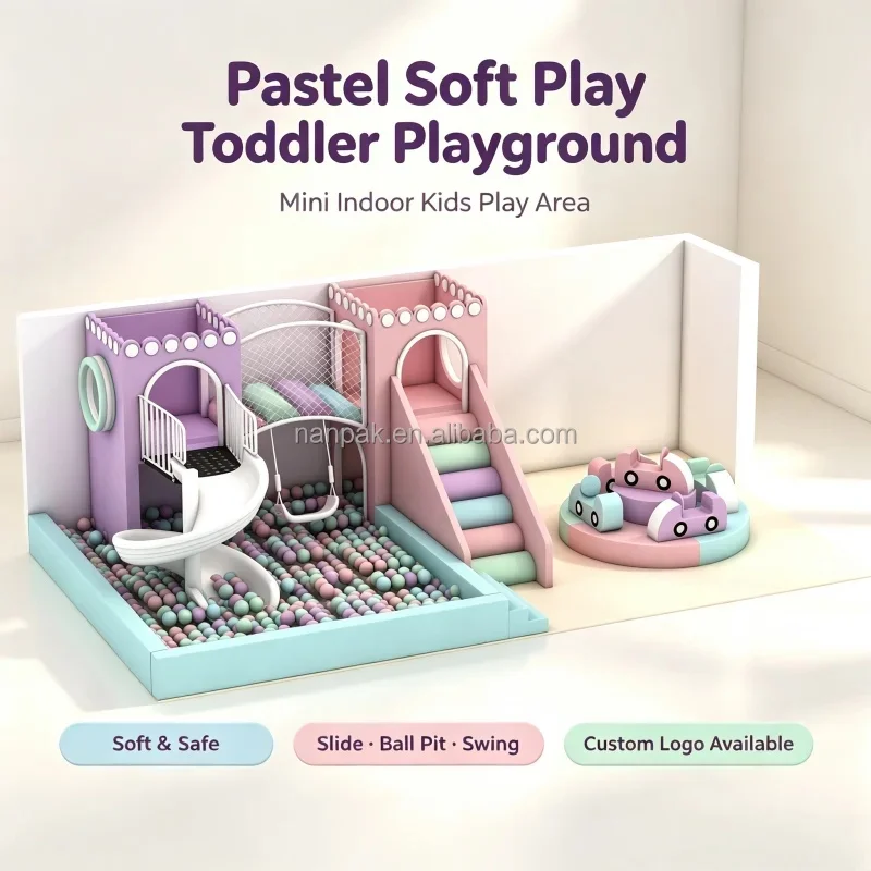 Indoor Pastel 1~8 Years Toddler Playground Soft Play with Carousel Ride Swing Ball Pit Fun Play Area for Play Cafe Home Daycare