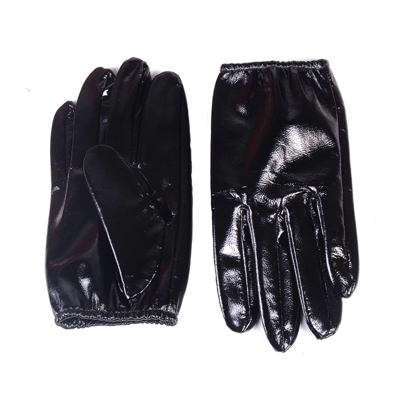 Men\'s 100% Real Leather Shiny Black Patent Leather Unlined shrink Wrist Short GLOVES