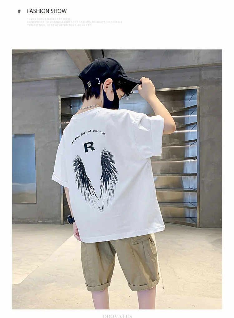 Neues Modisches Tween-Jungen-Sommer-T-Shirt mit Flügeln auf dem Rücken Kinder Teenager Kurzarm-T-Shirt Outfit Kinder Casual Streetwear Top – Detail 2