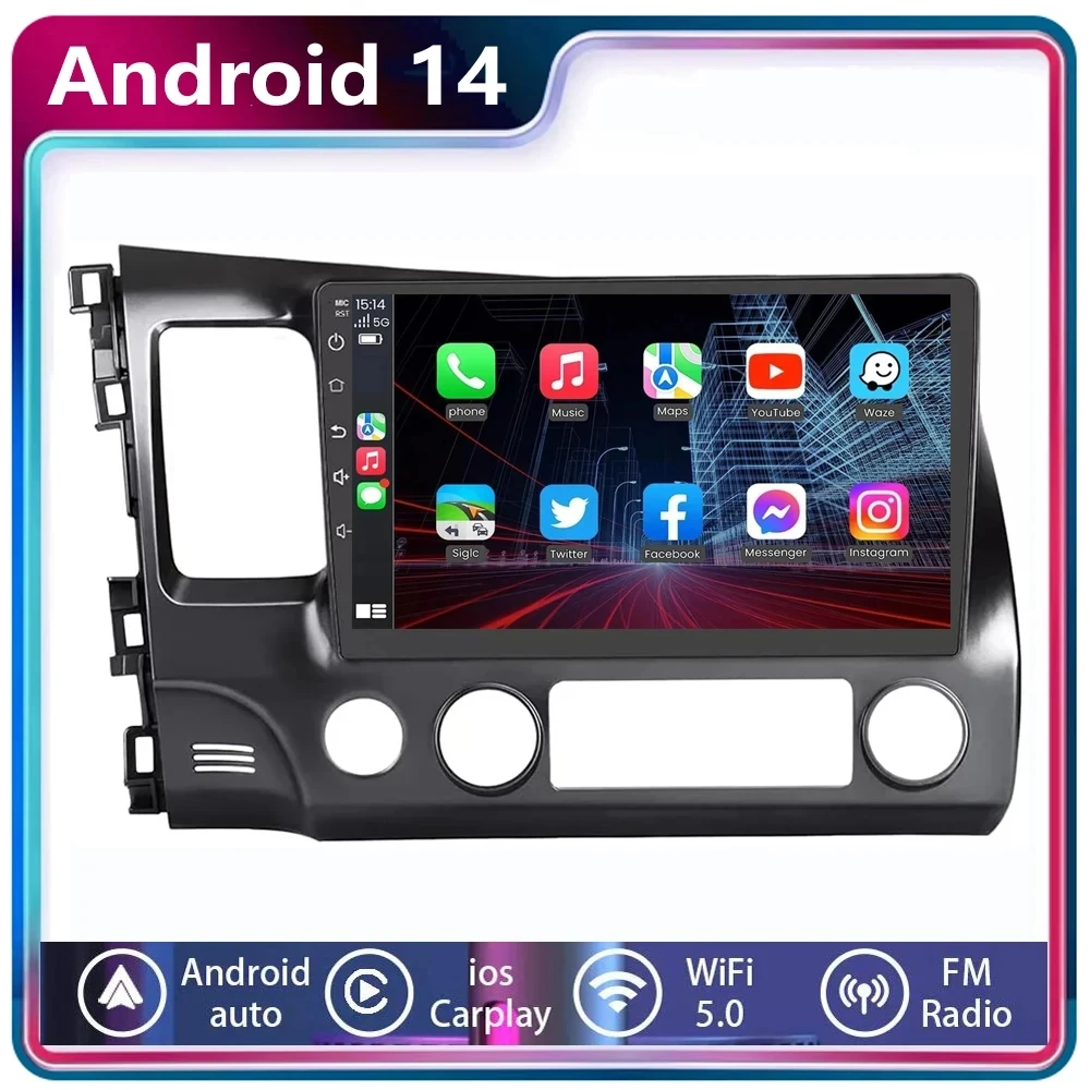 

Android 14 Carplay Auto Car Stereo Radio for Honda Civic 8 2005 2006 - 2011 2012 Multimedia Player Navigation GPS 2 Din 4G Audio