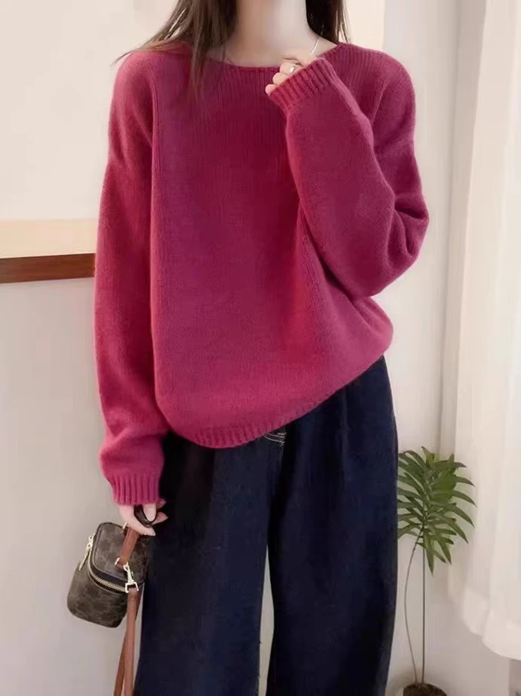 

Женский пуловер с круглым вырезом из 100% мериносовой шерсти, свободный осенне-зимний повседневный модный вязаный кашемировый свитер