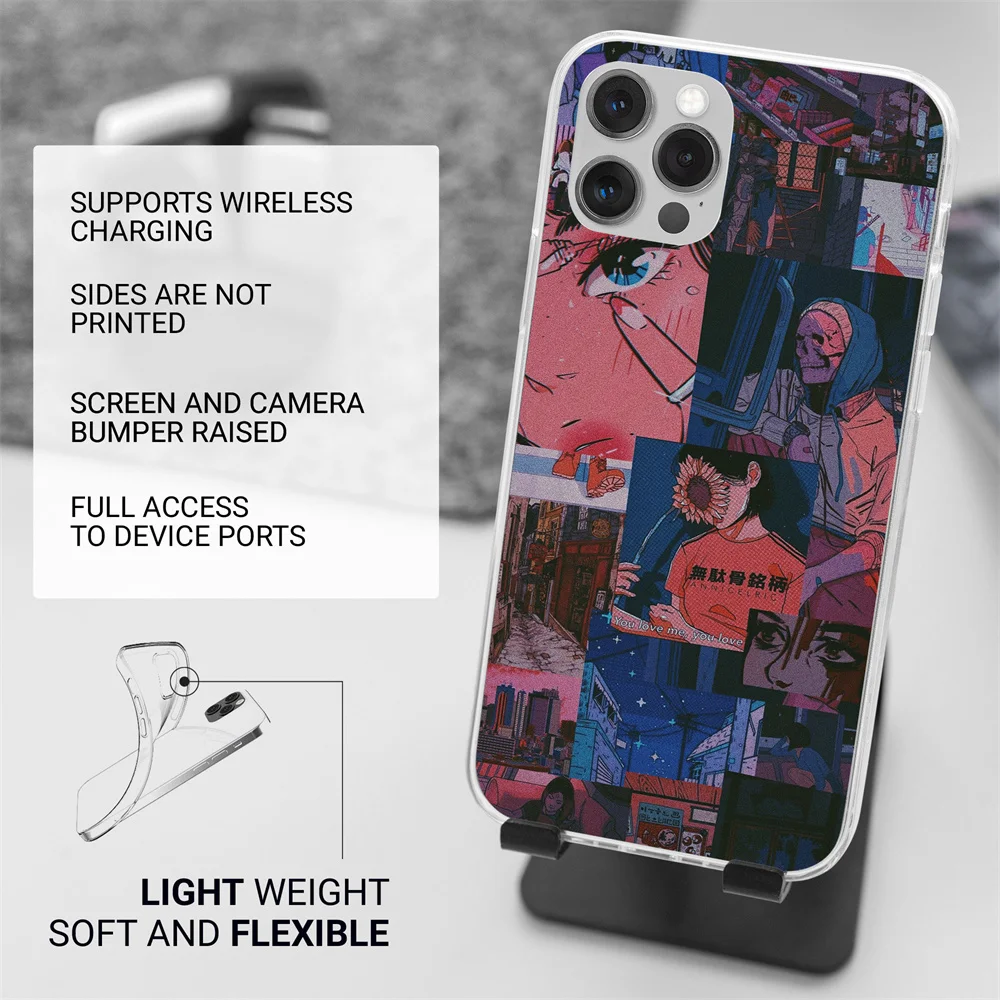 Funda de teléfono suave con Collage de Manga de Anime Grunge para iPhone, funda de silicona negra para iPhone 15, 14, 13, 12 Mini, 11 Pro Max, XS, XR, 7, 8 Plus, SE