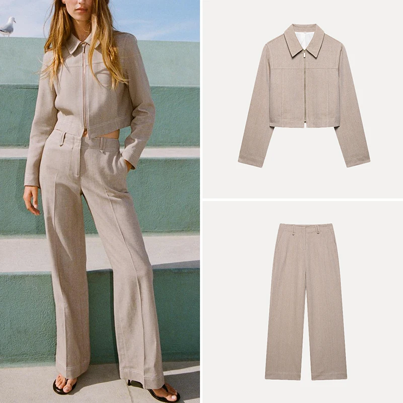 Z 2025 Verão Novo Estilo F Conjunto de Moda Casaco Curto Calças de Perna Reta Fibra de Poliéster Casual E ...