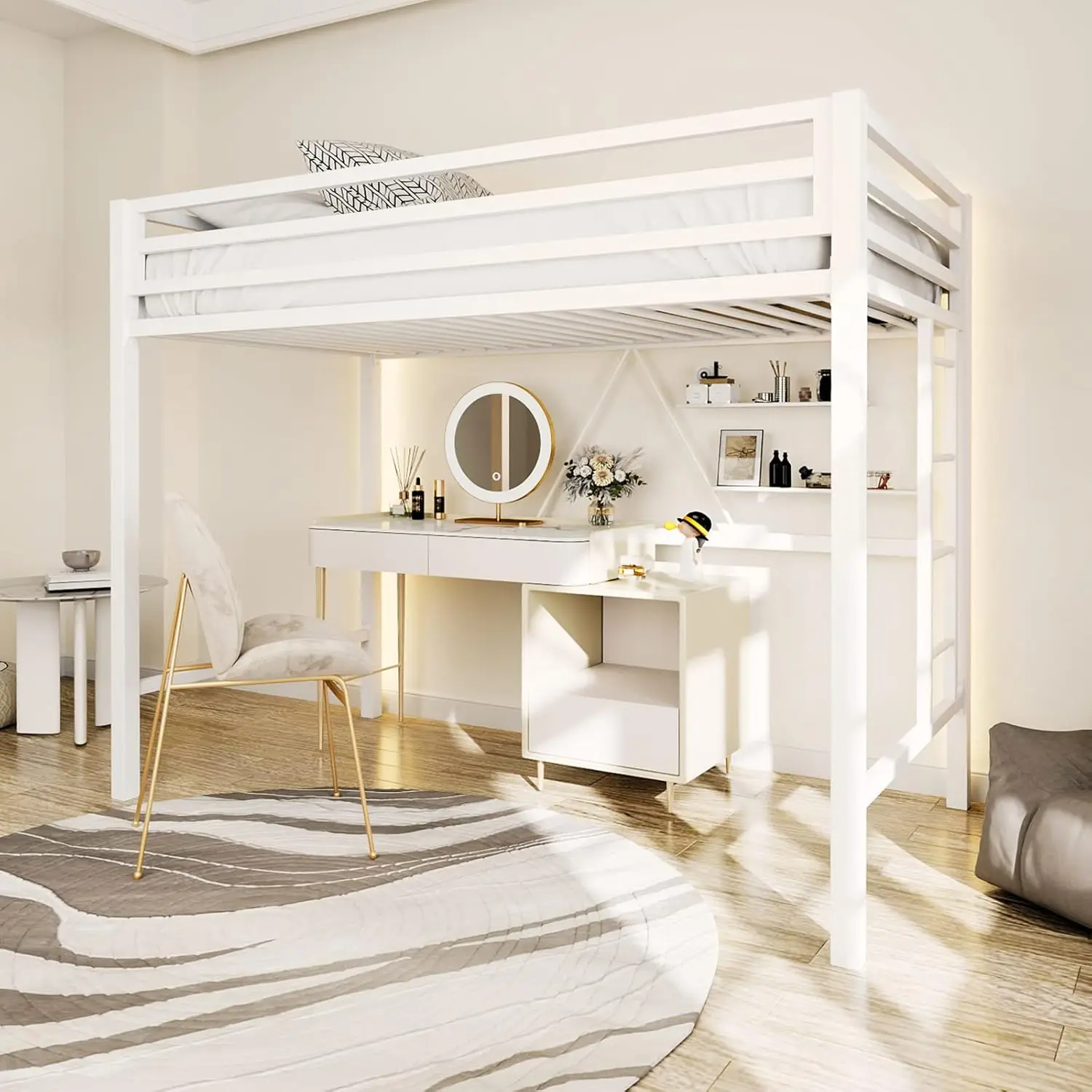 

Metal Loft Twin Bed with Guardrail & Ladder Space Saving Bedroom Furniture No Box Spring Cream Custom