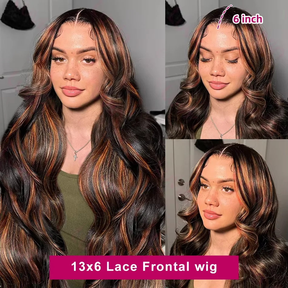 Perruque Lace Front Wig Body Wave Brésilienne Naturelle, Cheveux Humains, 13x4, 1B/30, 13x6, à Reflets Ombrés, Couleur Noir et Marron, HD, pour Femme